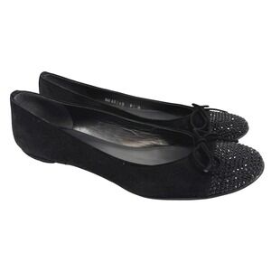 Stuart Weitzman Black Suede Crystal Toe Ballet Flats Bow Womens 9.5 N Narrow